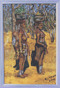 Olieverf schilderij van twee vrouwen met een baby op de rug van de moeder wonend in afrika geschilderd door Brigit Weeda.