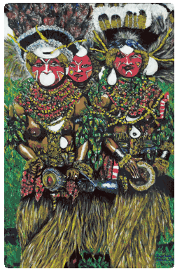 Olieverf schilderij van vrouwelijken papoeas uit new guinea geschilderd door Brigit Weeda.