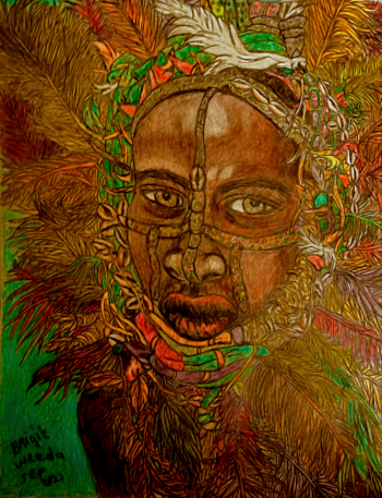 tekening van een Afrikaanse inlander getekend door Brigit Weeda.